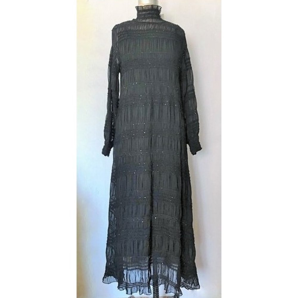 ZARA BLACK RUCHED SEQUIN HIGH NECK LONG SLEEVE MAXI DRESS S NWT - Picture 3 of 13